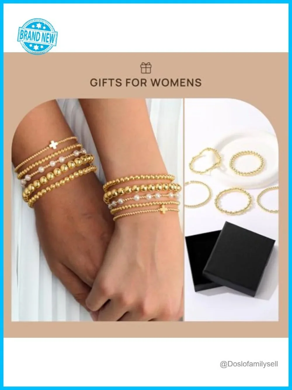 14K Gold Plated Dainty Beaded Pearl Cross Bracelet Stack 5-Piece Set Stretch